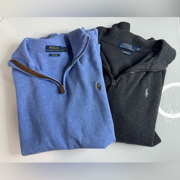 Polo men's estate rib cotton quarter zip pullover bundle in blue & dark gray.